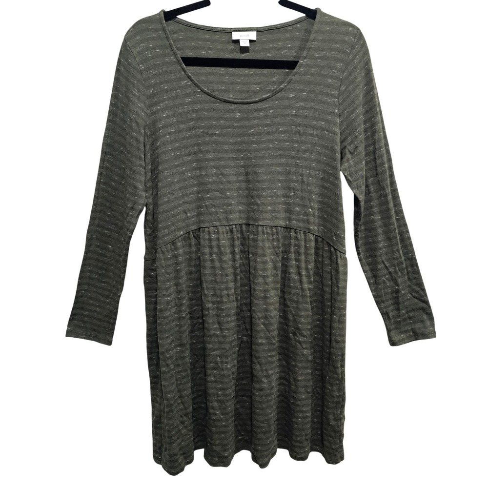 Pure Jill Peat Moss Green Striped Shirred Waist Soft‎ Jersey Dress Size Medium